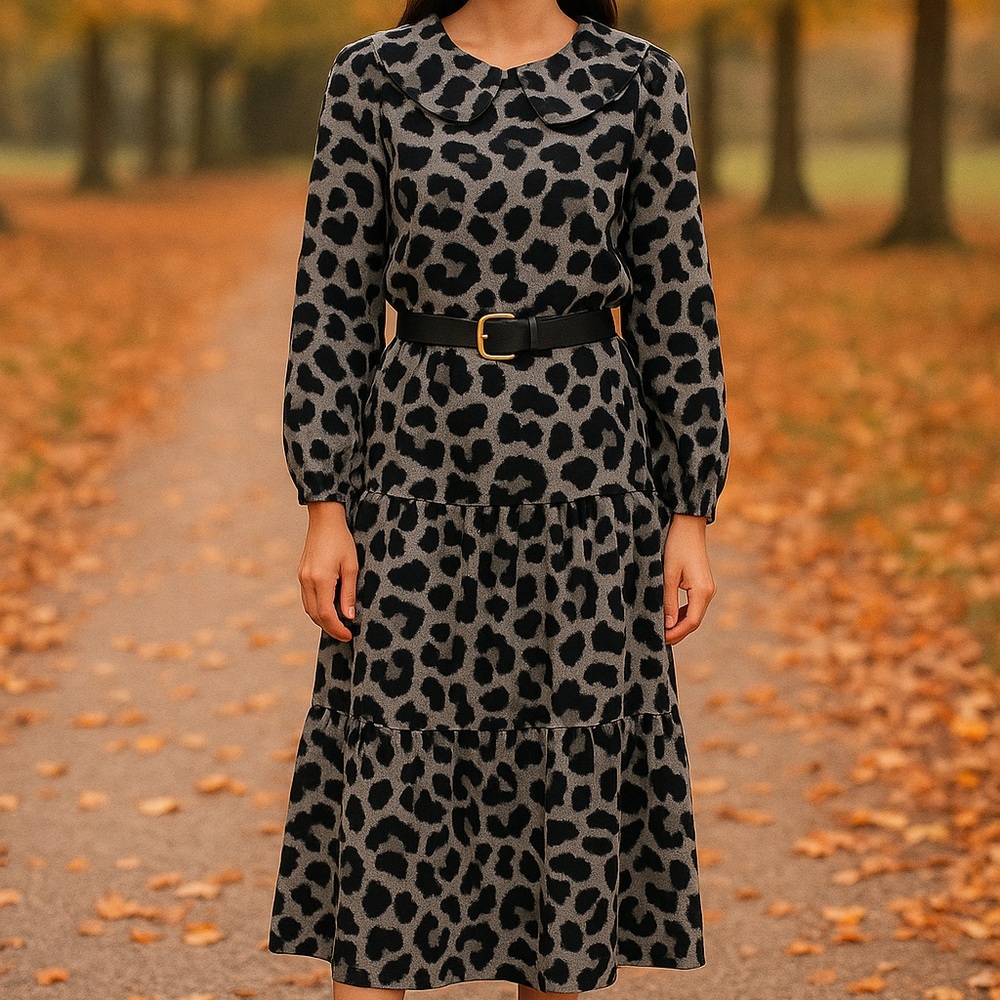 321 Libby Loves Leopard Print Long Sleeve Tiered Dress | Size M
